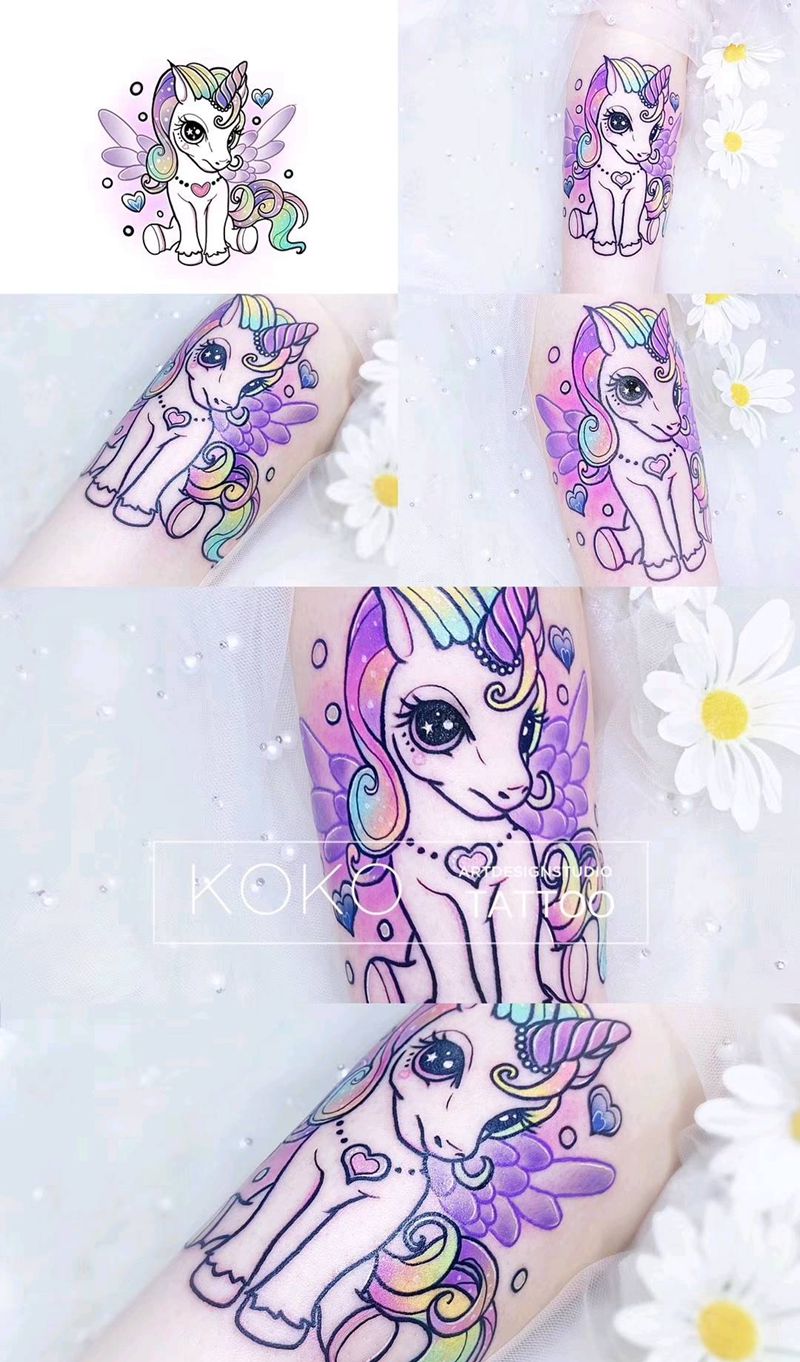 马卡龙独角兽纹身图片_手臂水彩New School天马泡泡水彩纹身图案