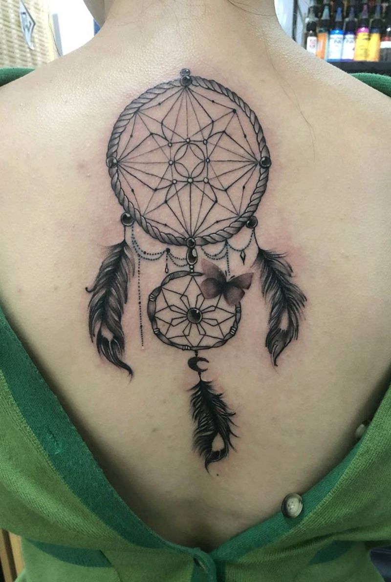 捕梦网纹身图片_背部几何捕梦网 清新纹身图案