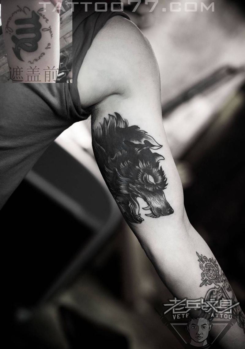 手臂内侧狼头纹身作品遮盖旧纹身纹身图片_成品纹身图案