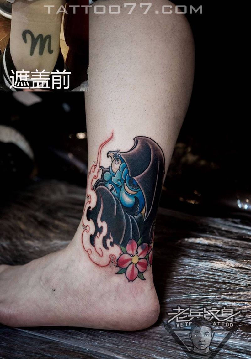 脚达摩纹身作品遮盖旧纹身踝纹身图片_成品脚部清新人物纹身图案