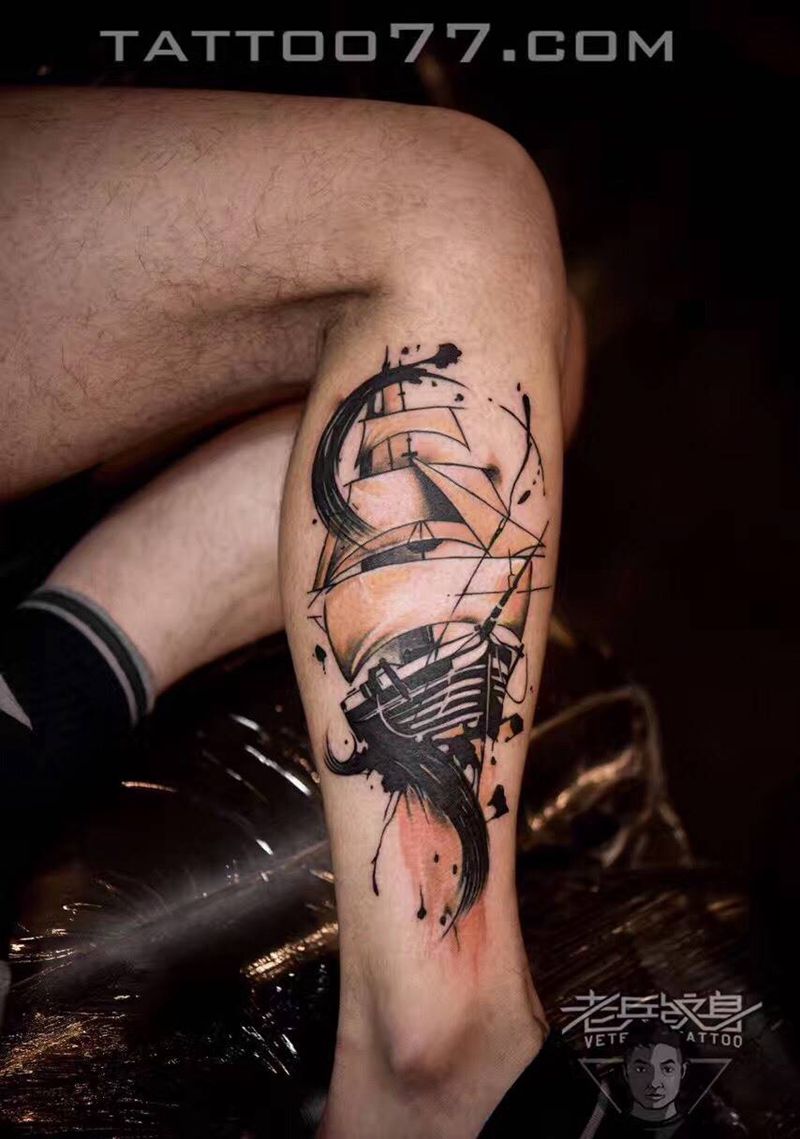 帆船纹身作品纹身图片_腿部静物纹身图案
