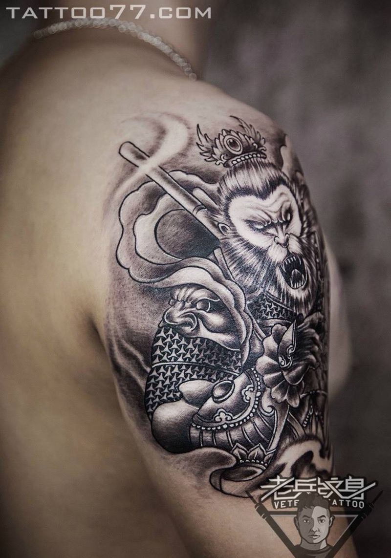 大臂孙悟空纹身作品纹身图片_成品手臂传统鬼神纹身图案