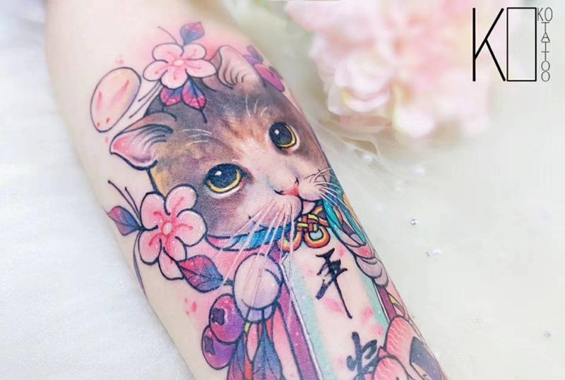 猫纹身图片_手臂水彩Old School喵咪私人定制一人一图纹身图案