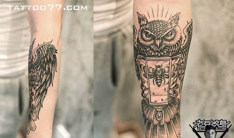手臂猫头鹰纹身作品纹身图片_手部欧美动物成品纹身图案