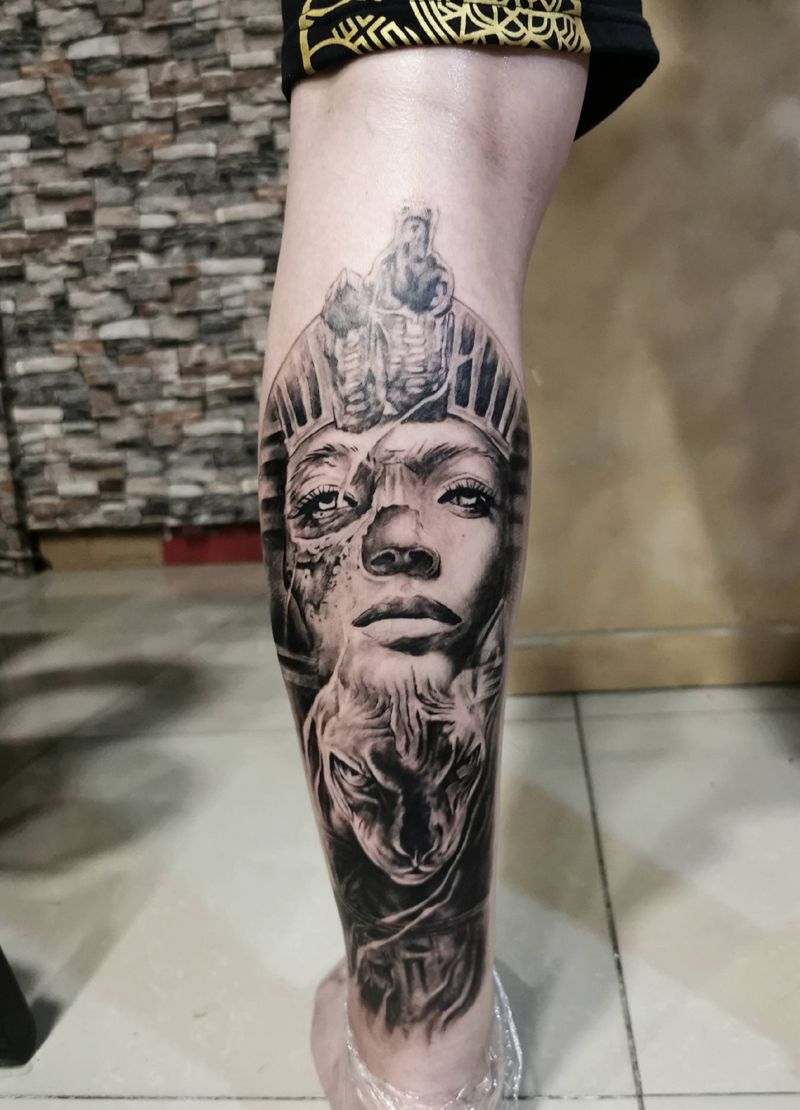 埃及使者纹身图片_腿部欧美写实纹身图案