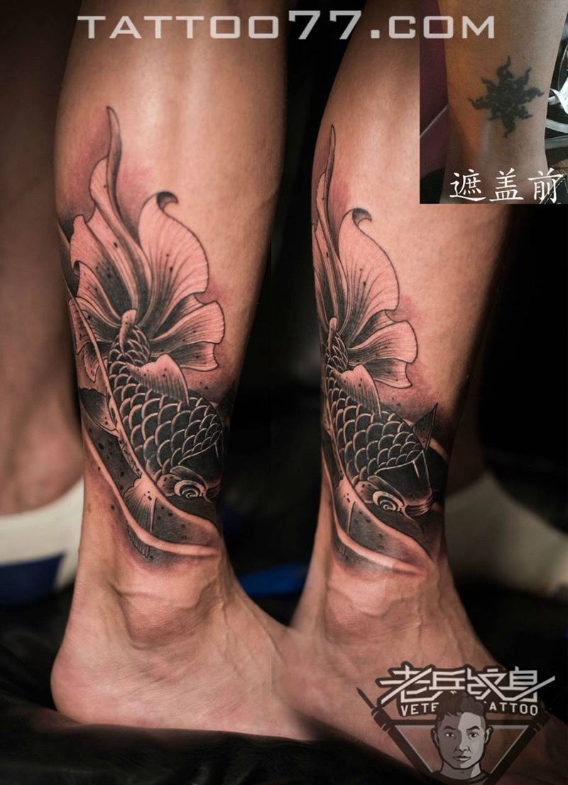 小腿金鱼纹身作品遮盖旧纹身纹身图片_成品腿部清新动物纹身图案