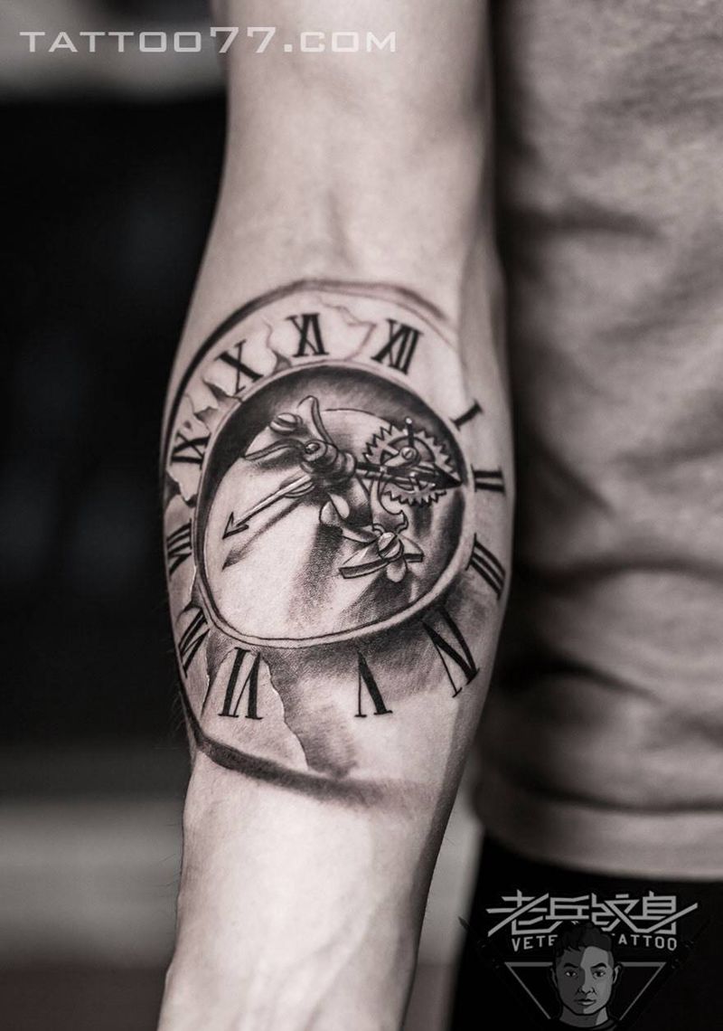 时钟纹身图片_成品手臂欧美原创纹身图案