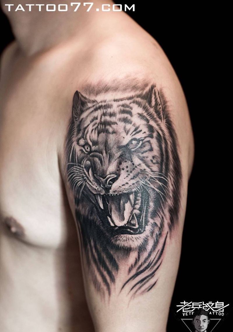 大臂虎头不动明王羊骷髅纹身作品纹身图片_成品手臂欧美传统动物鬼神纹身图案