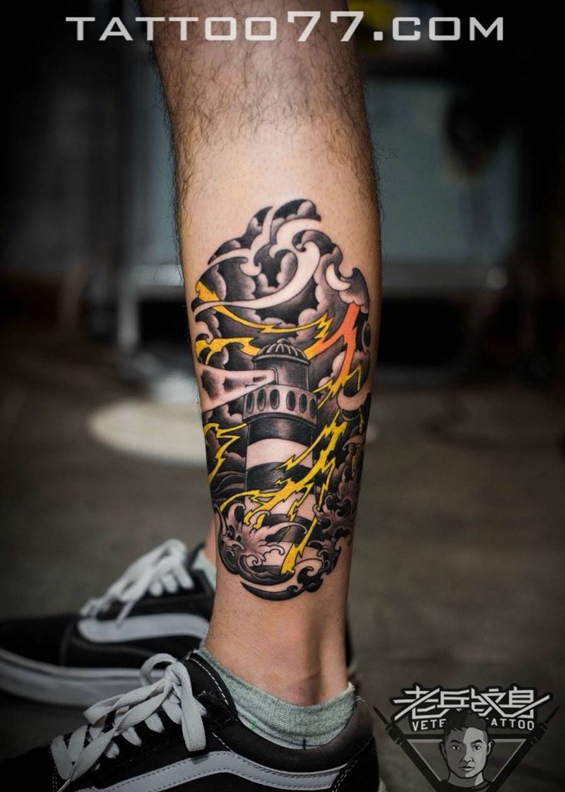 小腿灯塔纹身作品纹身图片_成品腿部欧美静物纹身图案