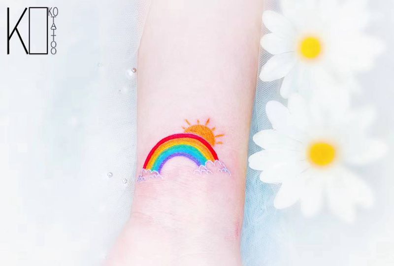 彩虹纹身图片_手臂水彩一人一图彩虹定制设计纹身图案