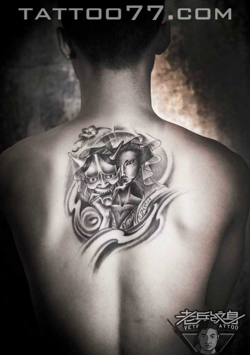 后背艺妓般若纹身作品纹身图片_成品背部传统鬼神纹身图案