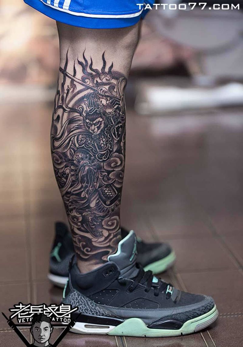 包腿斗战圣佛纹身图片_成品腿部传统人物鬼神纹身图案
