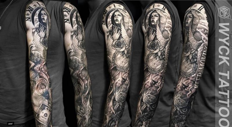 花臂完纹身图片_成品手臂手部欧美写实肖像人物原创武汉纹艺刺刻纹身图案