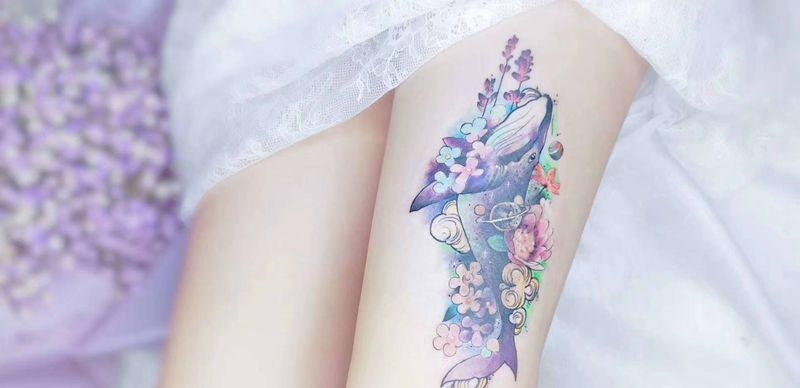 鲸鱼，遮盖设计纹身图片_腿部水彩一人一图遮盖设计定制设计纹身图案