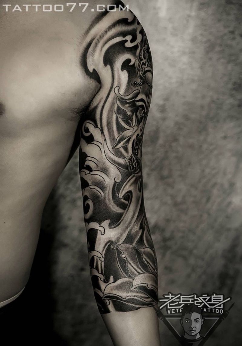 花臂象神纹身作品纹身图片_成品手臂传统动物纹身图案