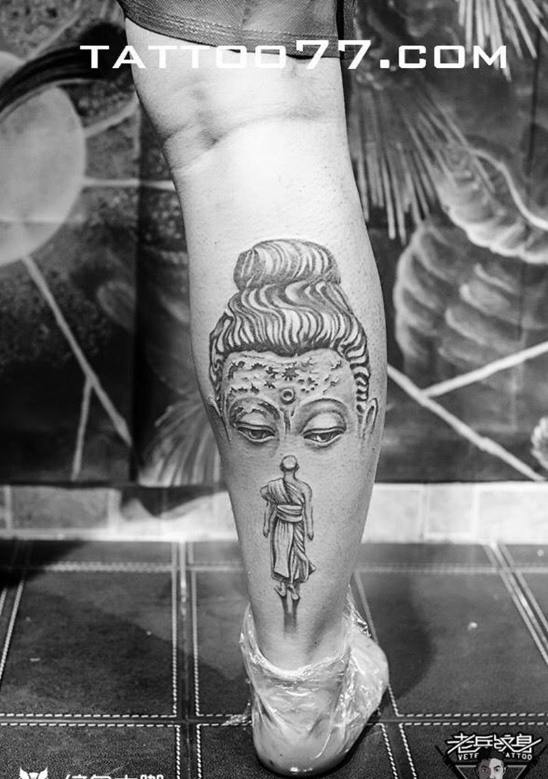 佛纹身图片_成品腿部欧美鬼神人物原创肖像纹身图案