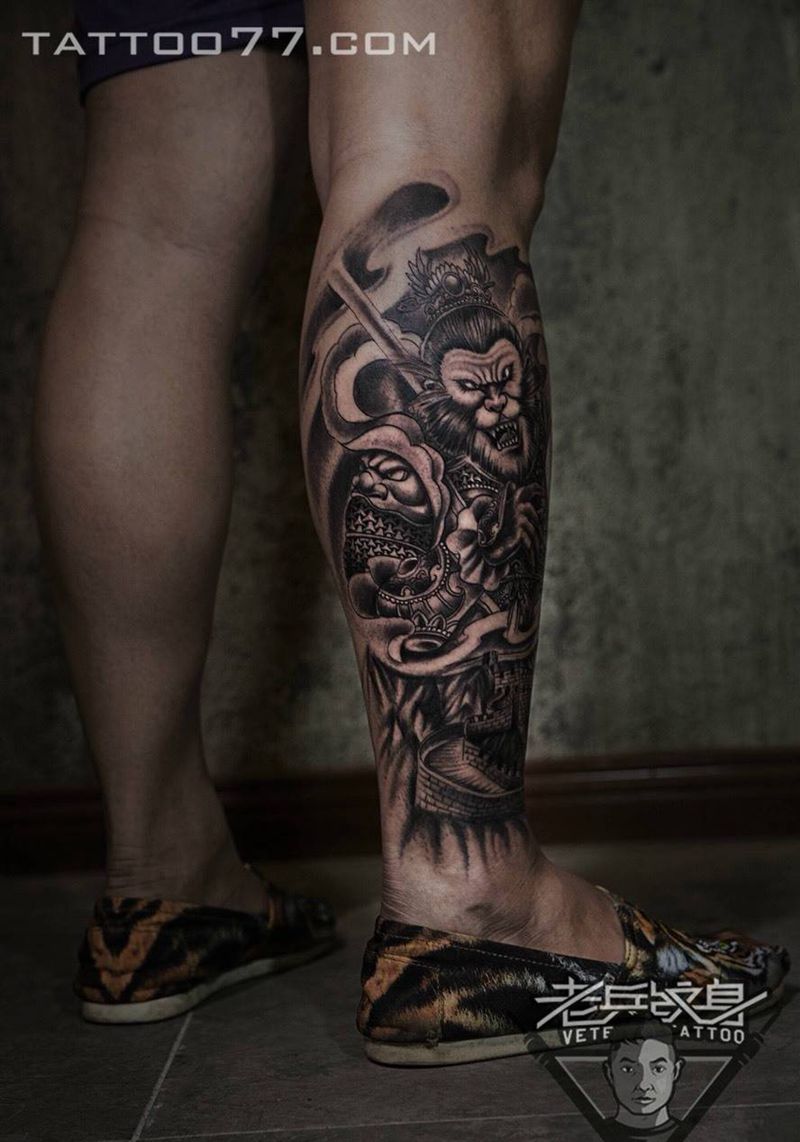 斗战胜佛纹身作品纹身图片_成品腿部传统人物纹身图案