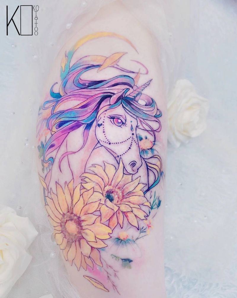 独角兽纹身图片_腿部水彩向日葵独角兽定制设计纹身图案