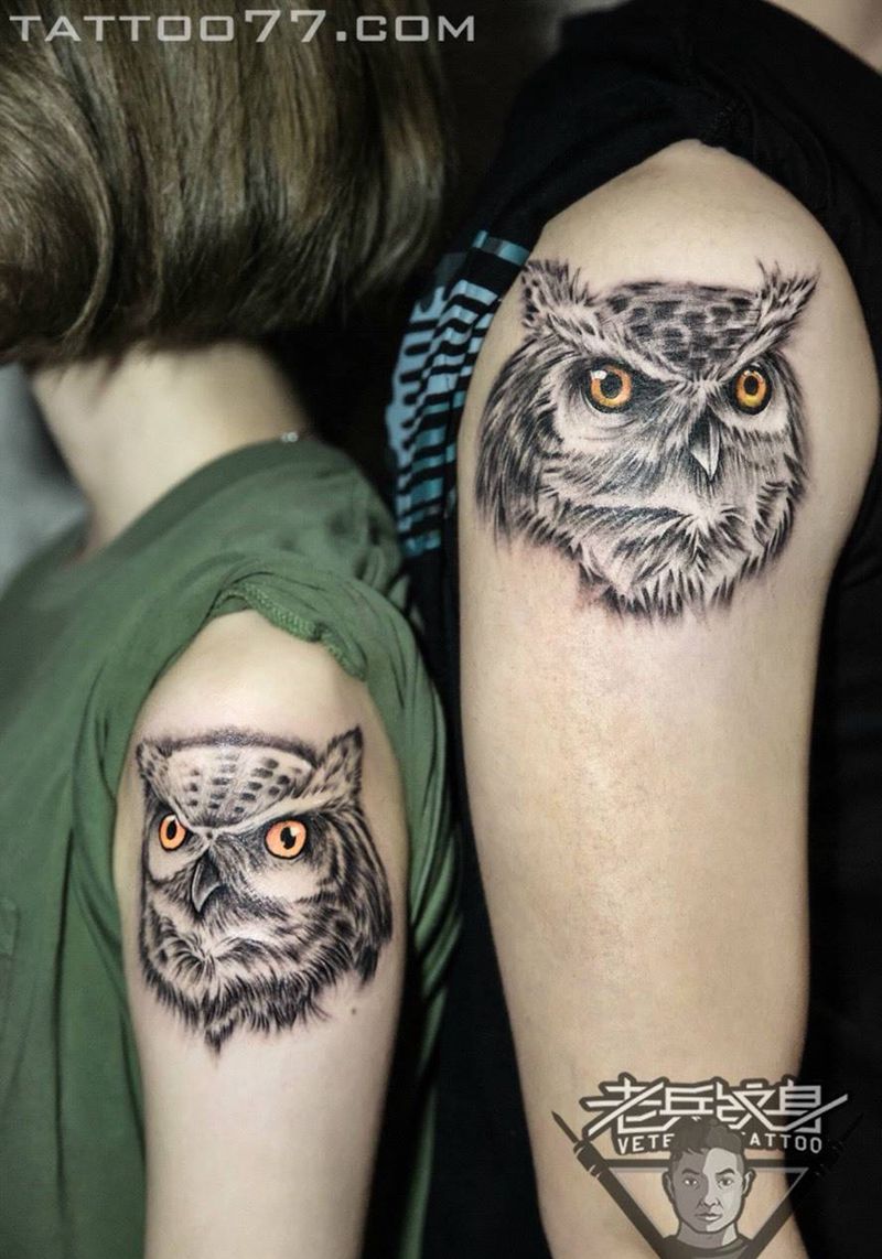 情侣猫头鹰纹身作品纹身图片_成品手臂欧美动物纹身图案