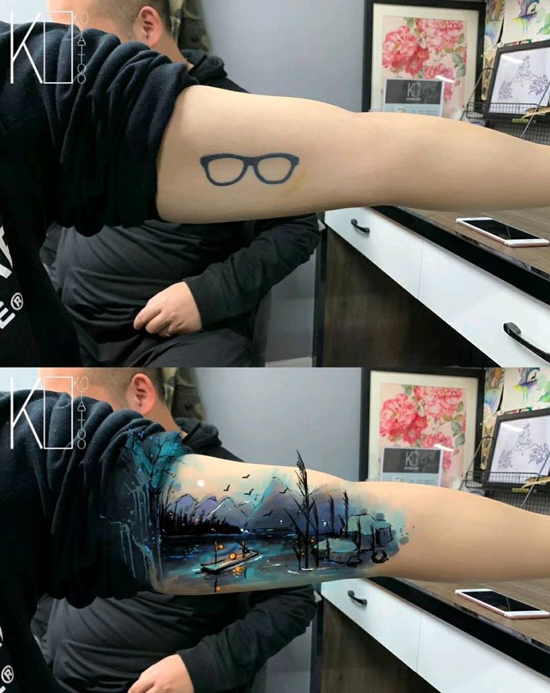 漓江夜景纹身图片_手臂水墨点刺漓江水墨山水纹身图案