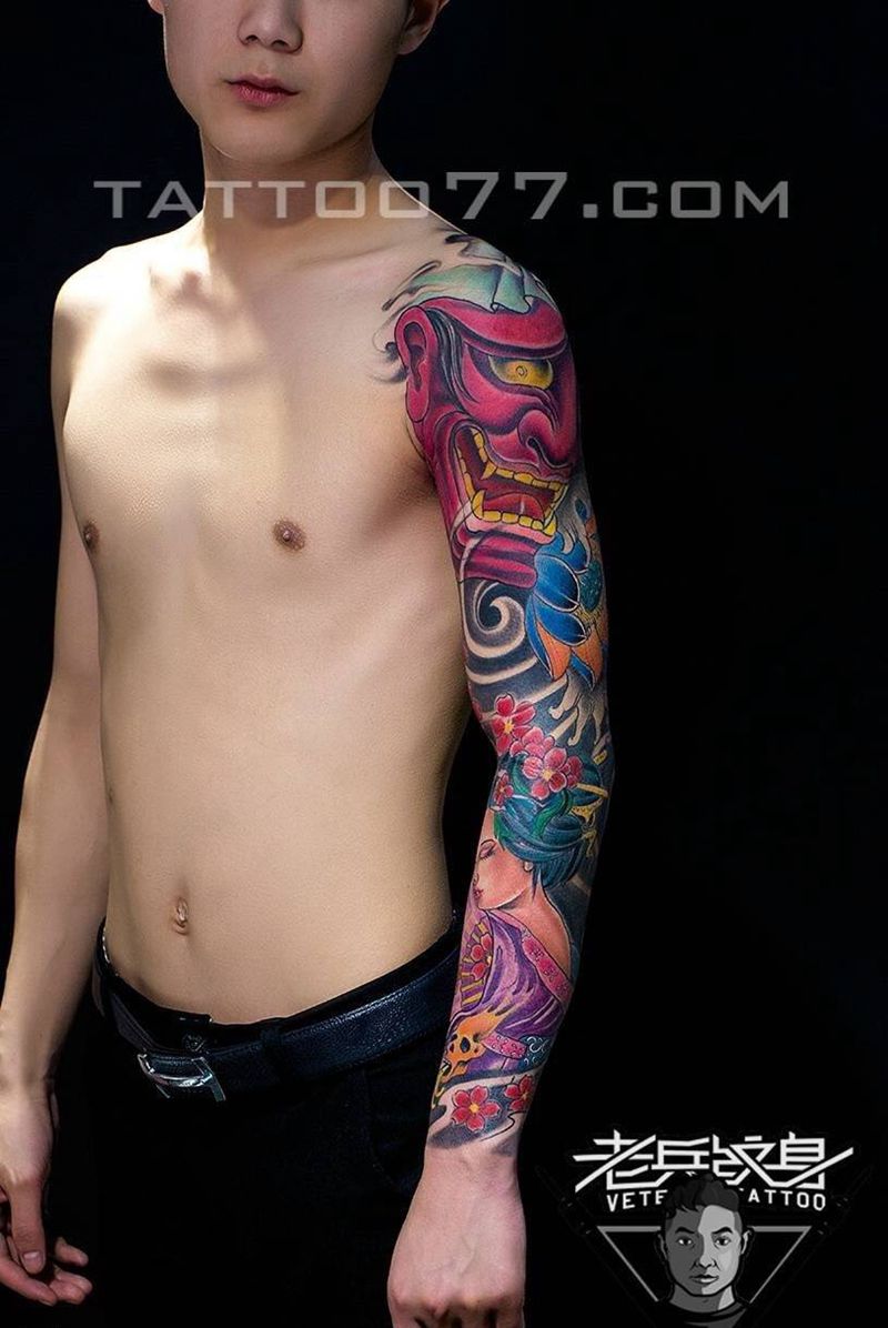 花臂般若艺妓纹身作品纹身图片_成品手臂传统肖像人物纹身图案