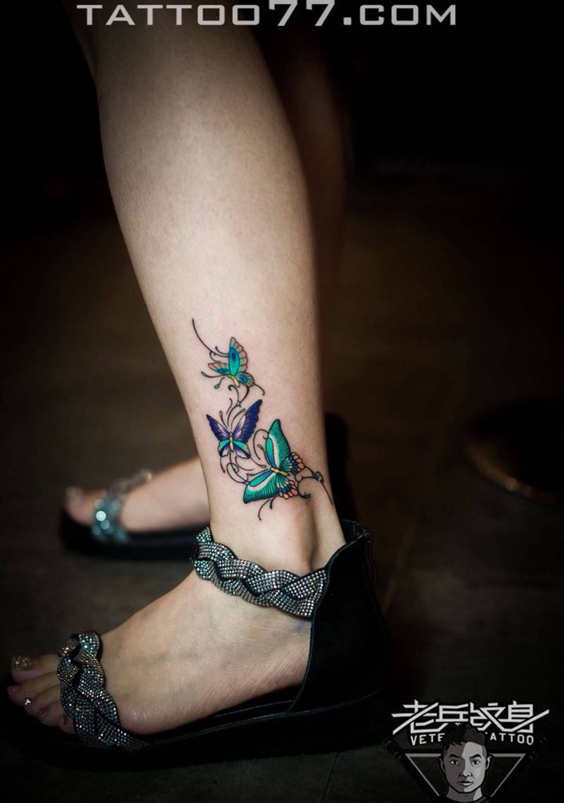 脚踝蝴蝶纹身作品纹身图片_成品脚部清新动物纹身图案