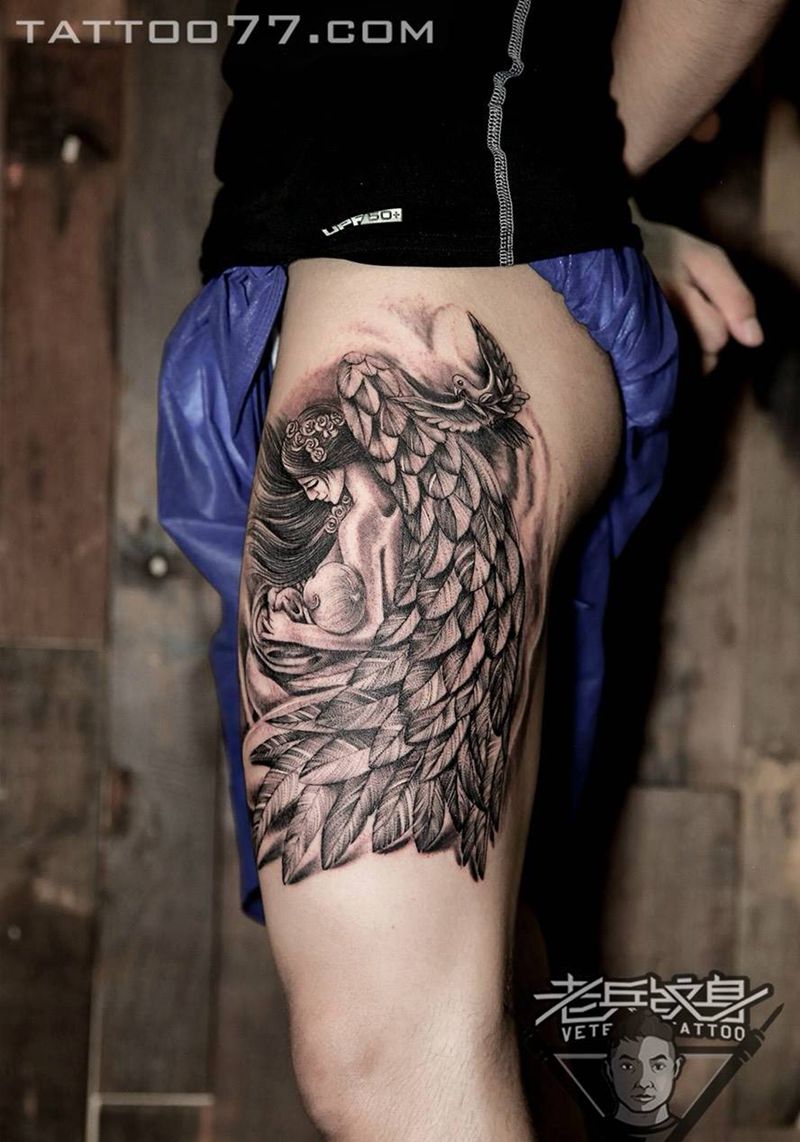 大腿天使纹身作品纹身图片_成品腿部欧美肖像人物纹身图案