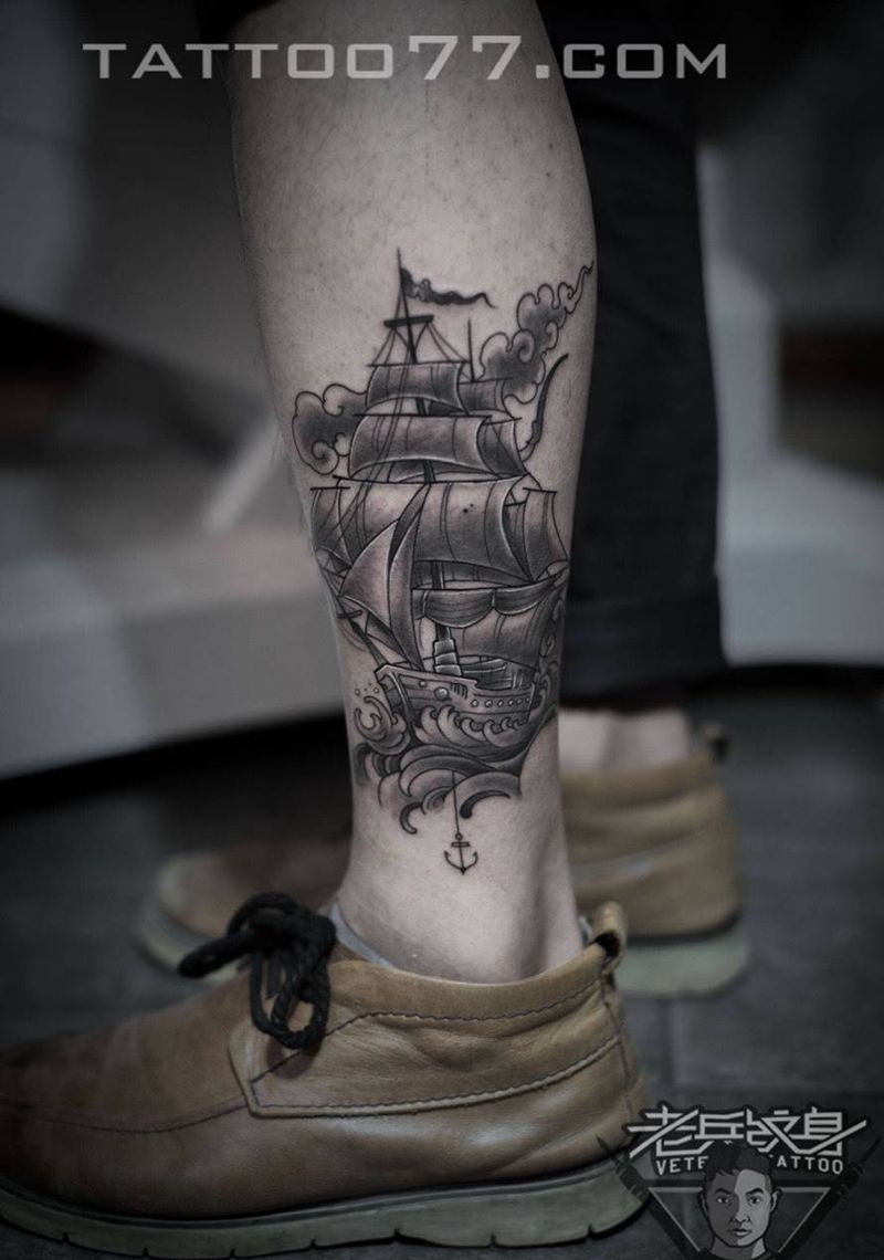 小腿帆船纹身作品纹身图片_成品腿部欧美静物纹身图案