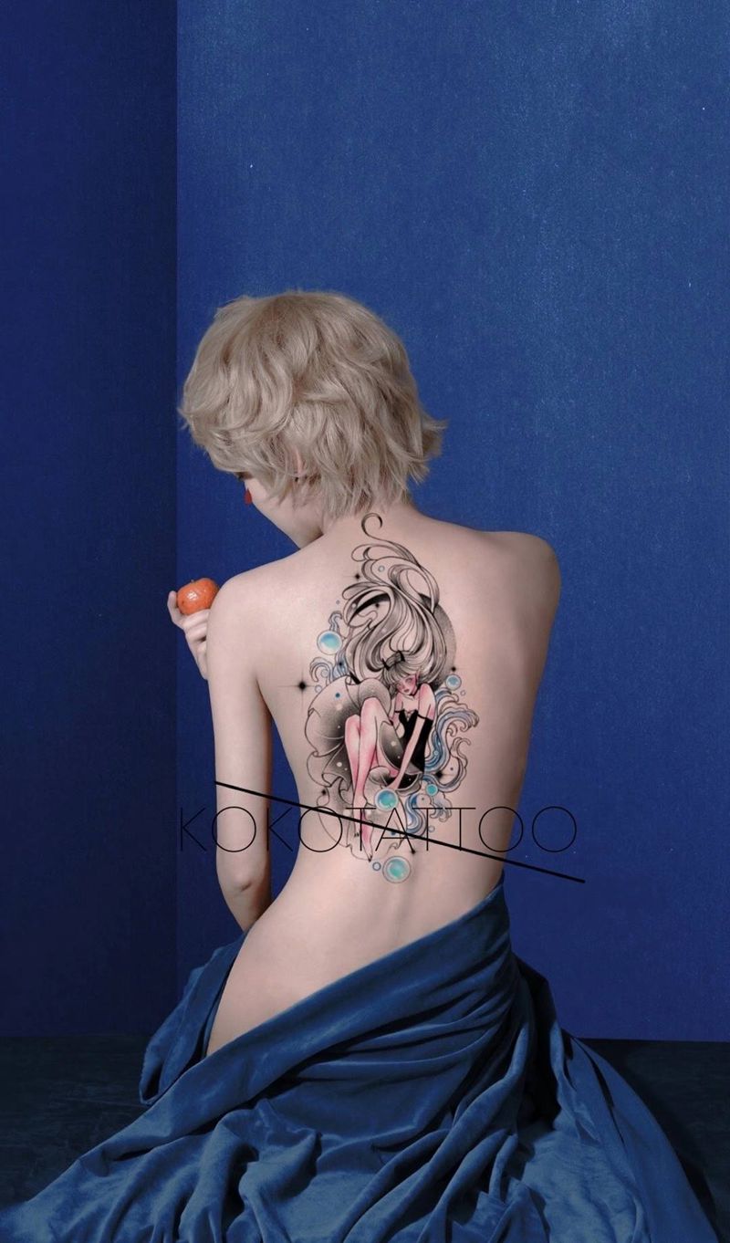 水瓶座♒️手稿，可预订纹身图片_腿部背部水彩一人一图原创设计插画设计纹身图案