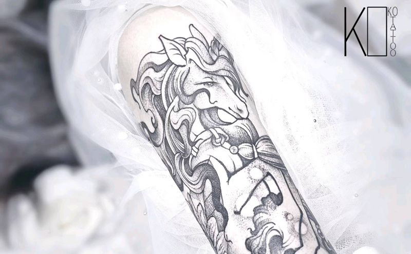 独角兽（伤疤遮盖）纹身图片_手臂点刺独角兽伤疤遮盖菊花纹身图案