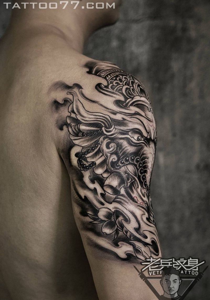 大臂象神纹身作品纹身图片_成品手臂传统动物纹身图案