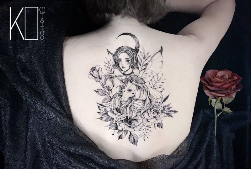 肖像定制纹身图片_背部点刺独角兽肖像定制纹身图案