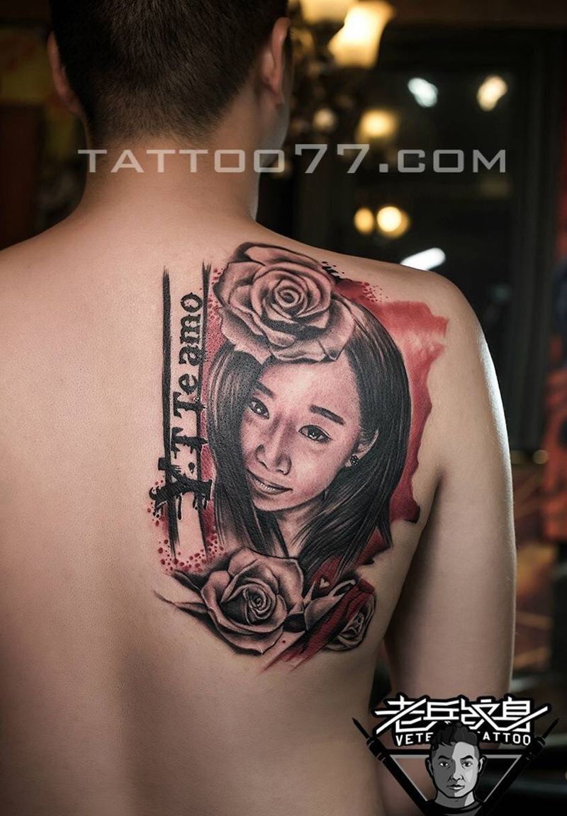 后背美女肖像纹身作品纹身图片_成品背部肖像人物纹身图案