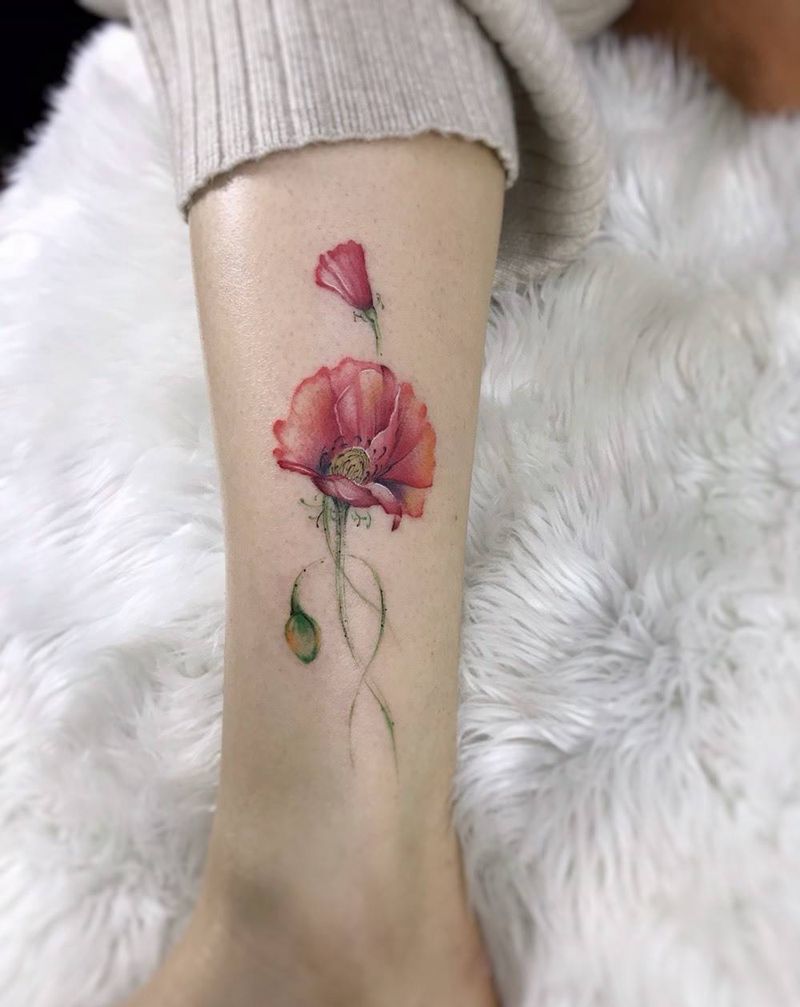 小腿罂粟花。纹身图片_脚部腿部水彩小清新花纹身图案