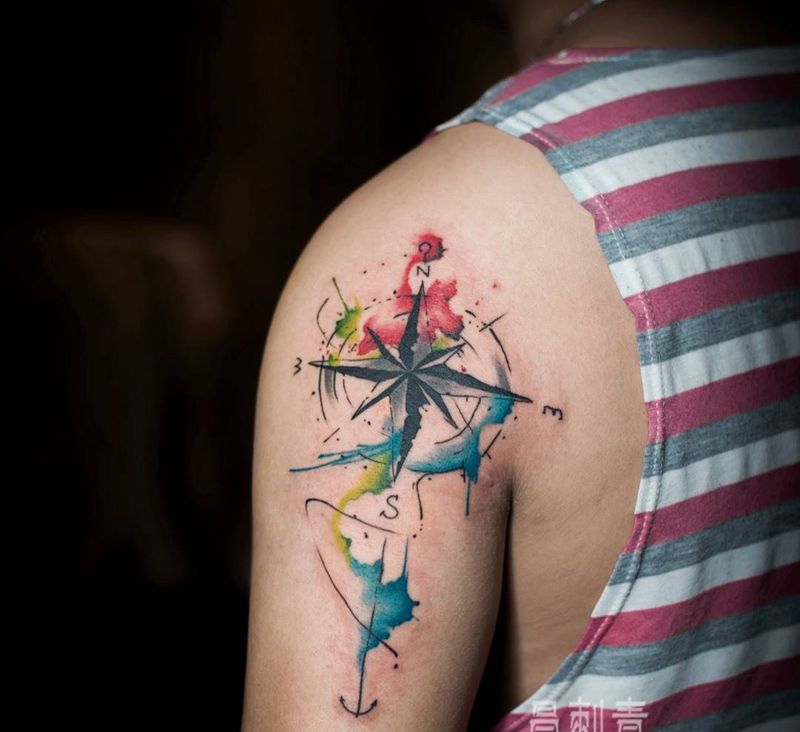 一个水彩指南针作品纹身图片_成品手臂手部清新欧美原创几何静物字符纹身图案