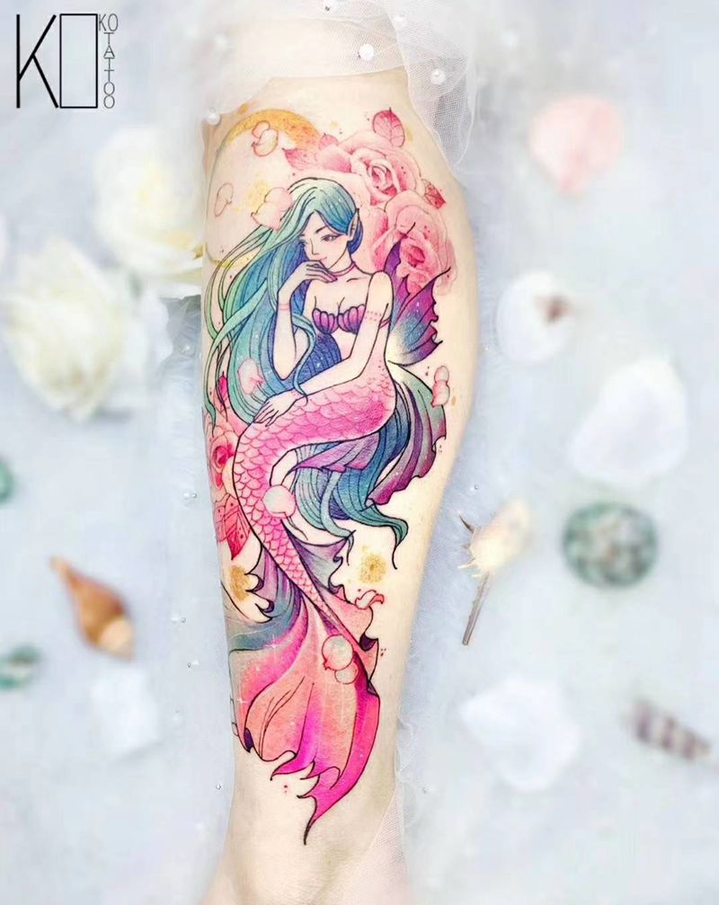 美人鱼纹身图片_手臂水彩美人鱼水彩定制设计纹身图案