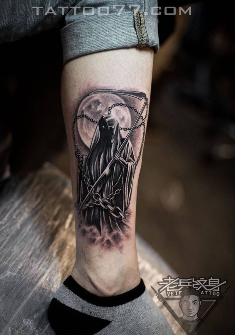 死神纹身作品纹身图片_成品腿部欧美鬼神纹身图案