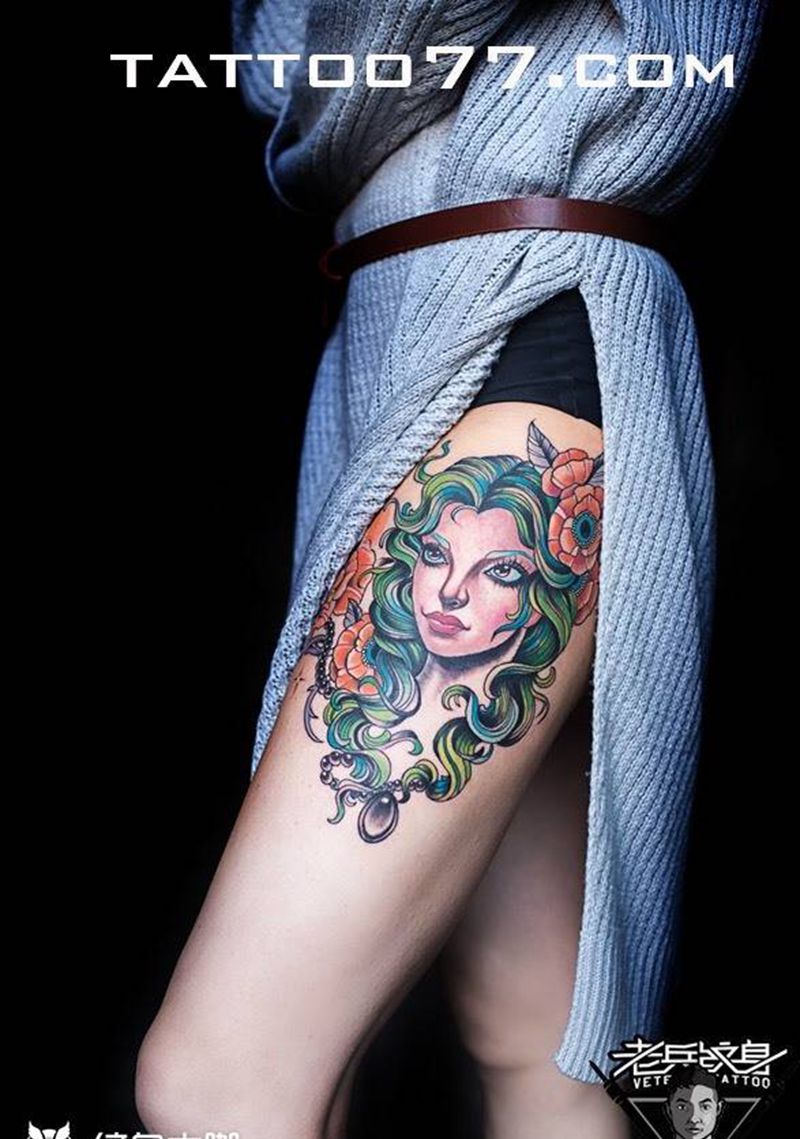 school 女郎遮盖印记纹身图片_成品腿部欧美人物原创纹身图案