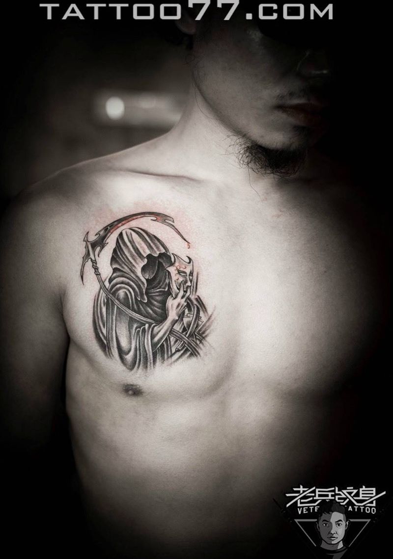 胸口死神纹身作品纹身图片_成品胸部欧美鬼神纹身图案