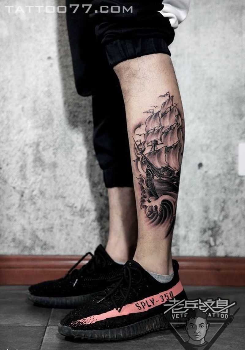 小腿帆船纹身作品纹身图片_成品腿部欧美静物纹身图案