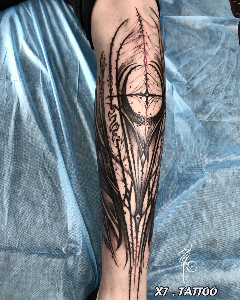 花体纹身图片_腿部手臂点刺几何花体字暗黑花体字纹身图案