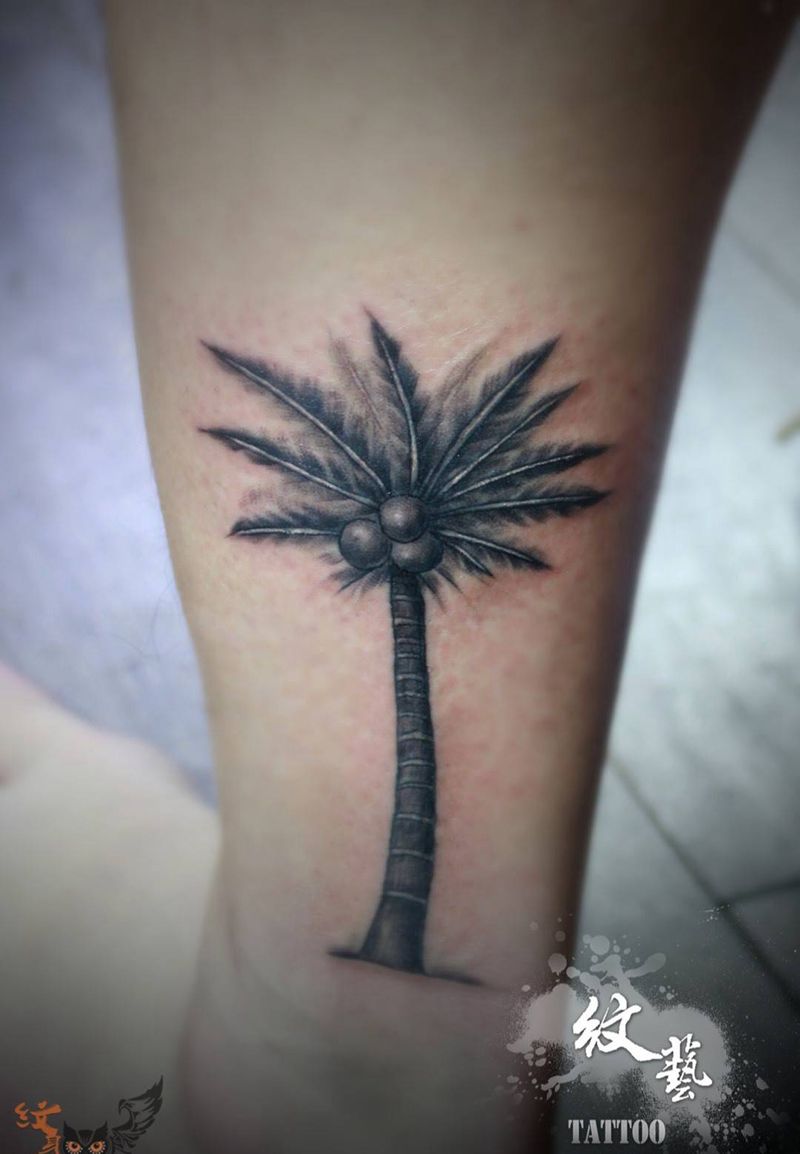 小清新风格…椰子树纹身图片_手稿脚部清新纹身图案