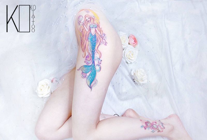 美人鱼纹身图片_腿部水彩美人鱼水彩插画纹身图案