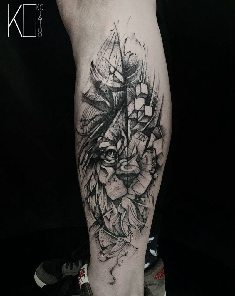 狮子座纹身图片_腿部点刺定制狮子星座纹身图案