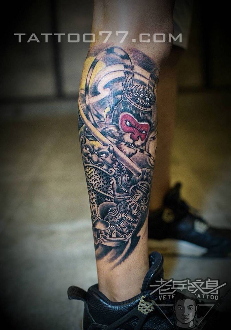 小花腿斗战胜佛纹身作品纹身图片_成品腿部传统人物纹身图案