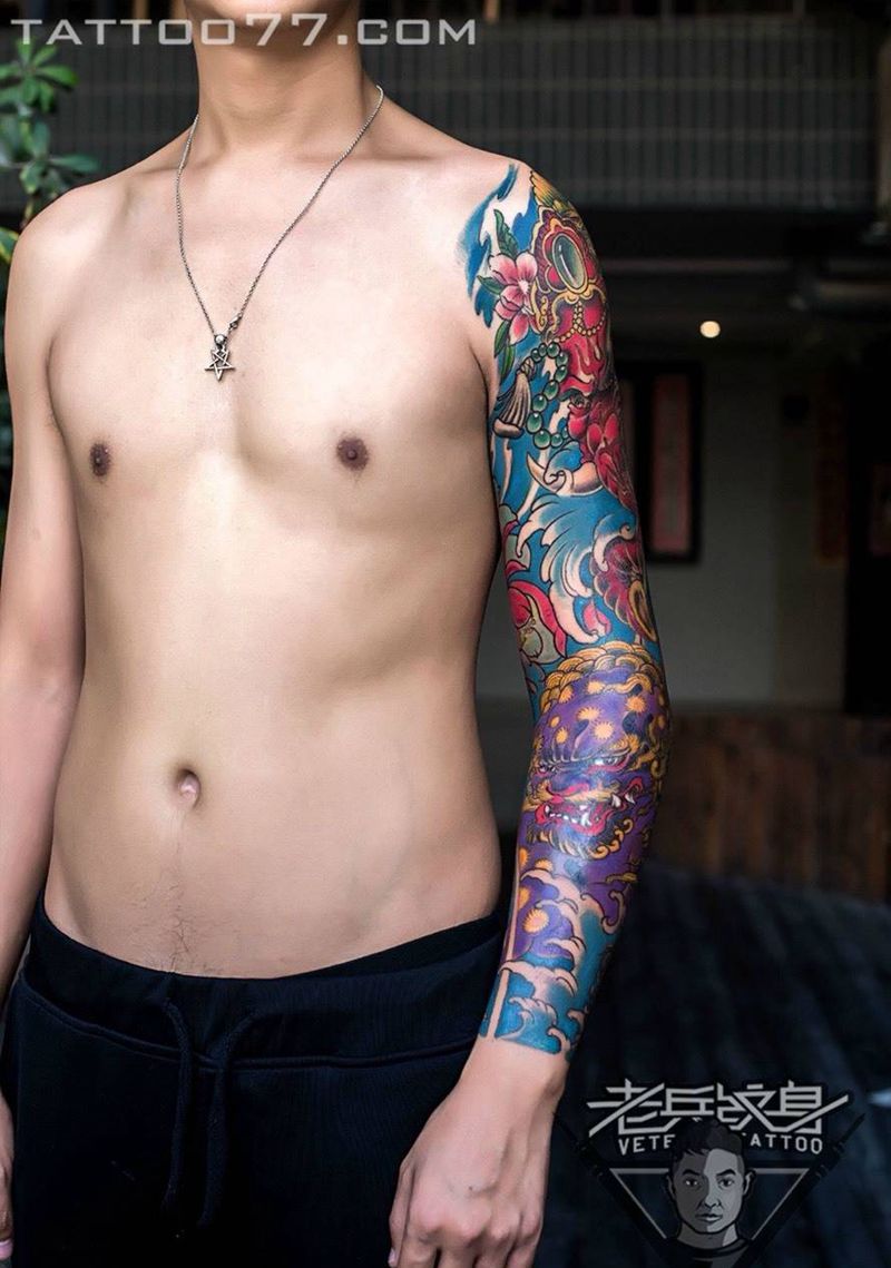 花臂象神唐狮纹身作品纹身图片_成品手臂传统动物纹身图案