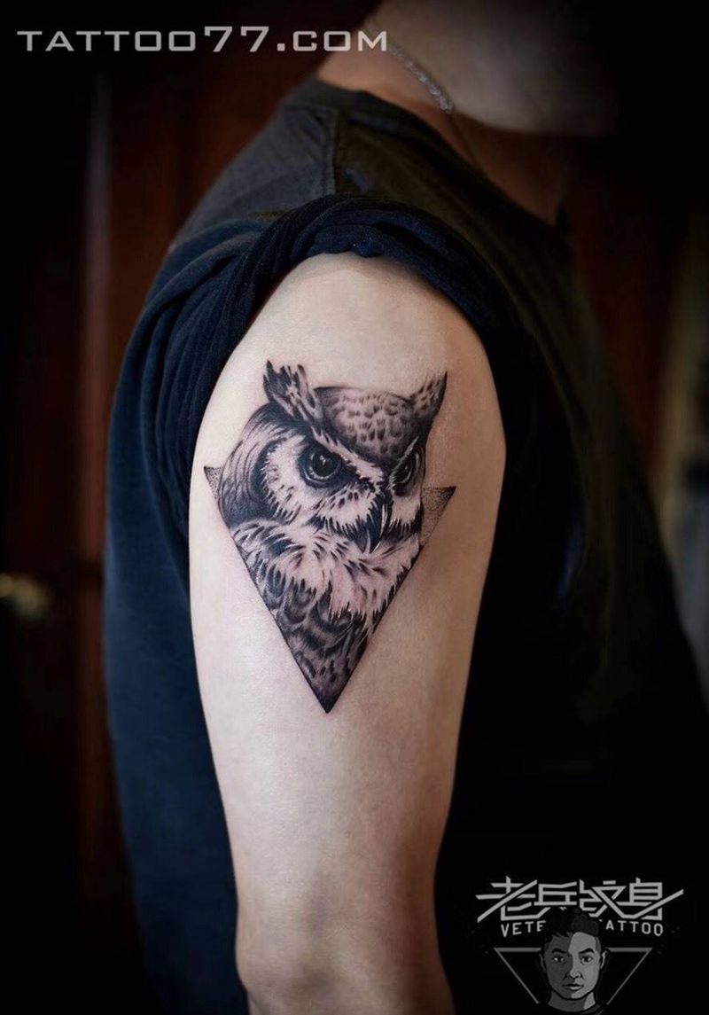 大臂猫头鹰纹身作品纹身图片_成品手臂欧美动物纹身图案