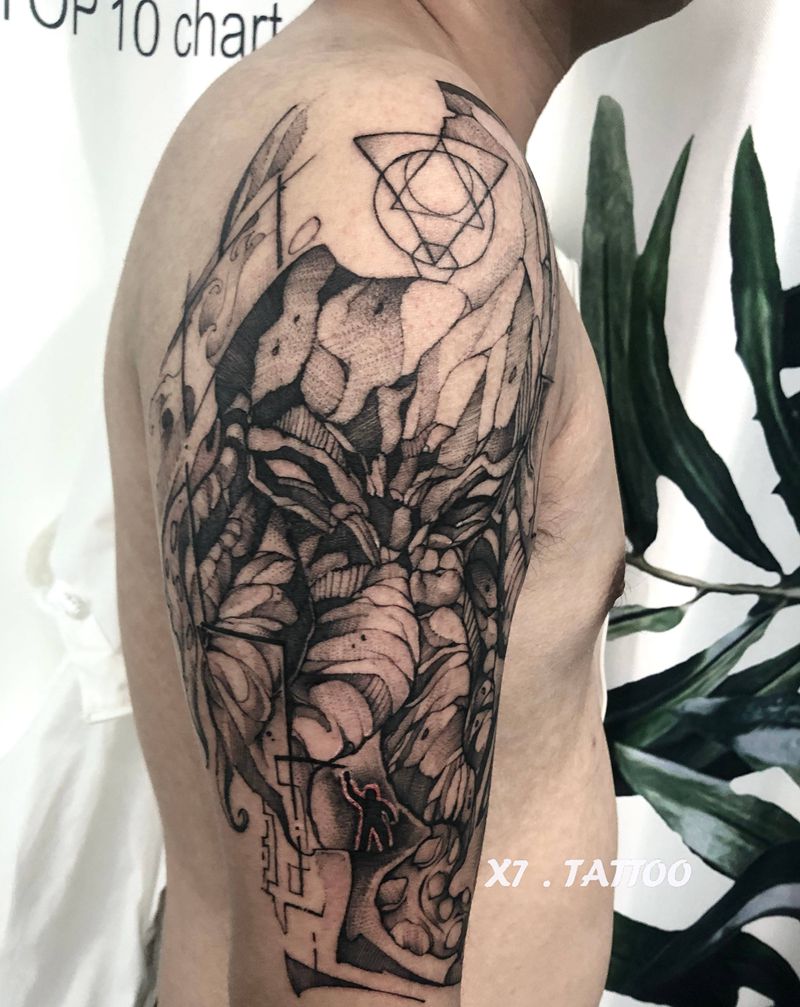 克苏鲁纹身图片_腿部手臂点刺克苏鲁纹身图案