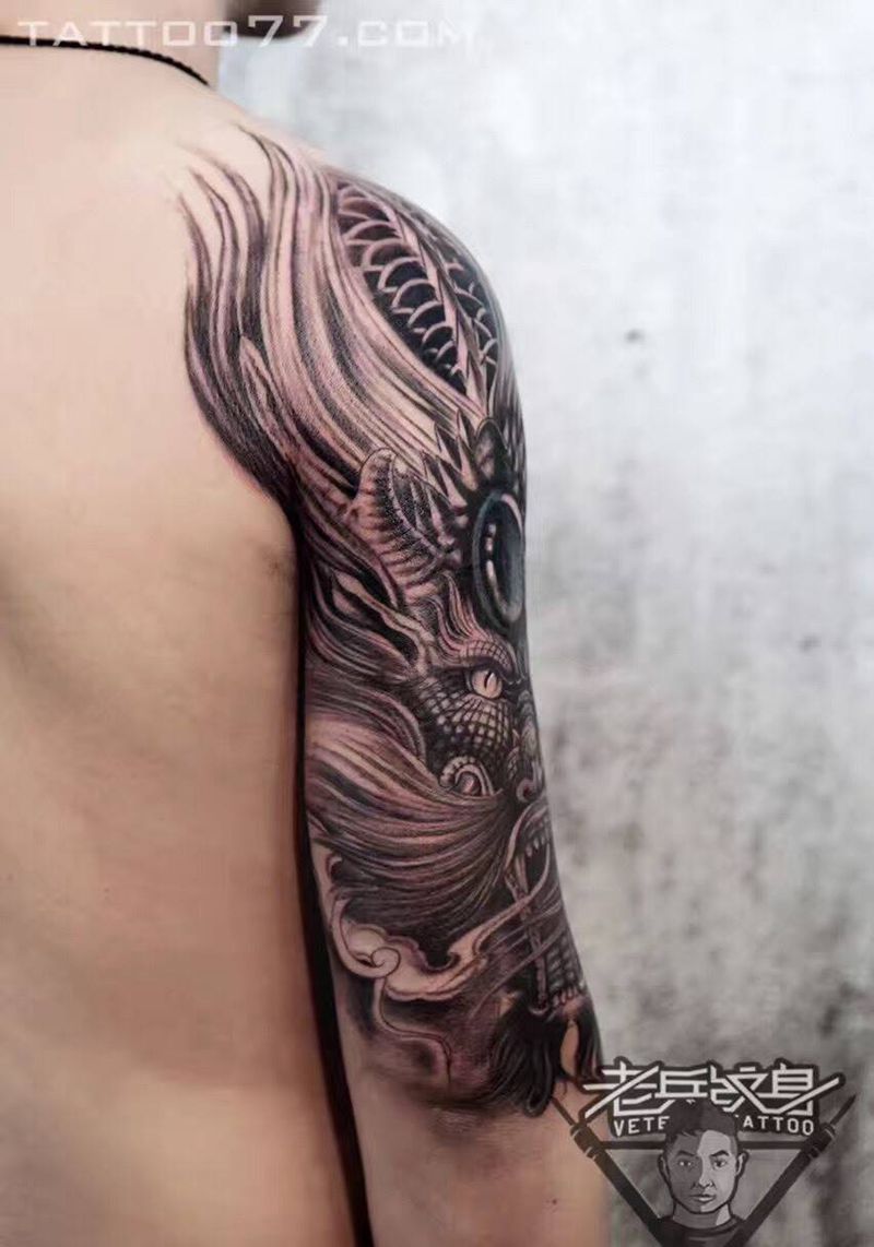 大臂龙纹身遮盖纹身图片_成品手臂传统鬼神纹身图案