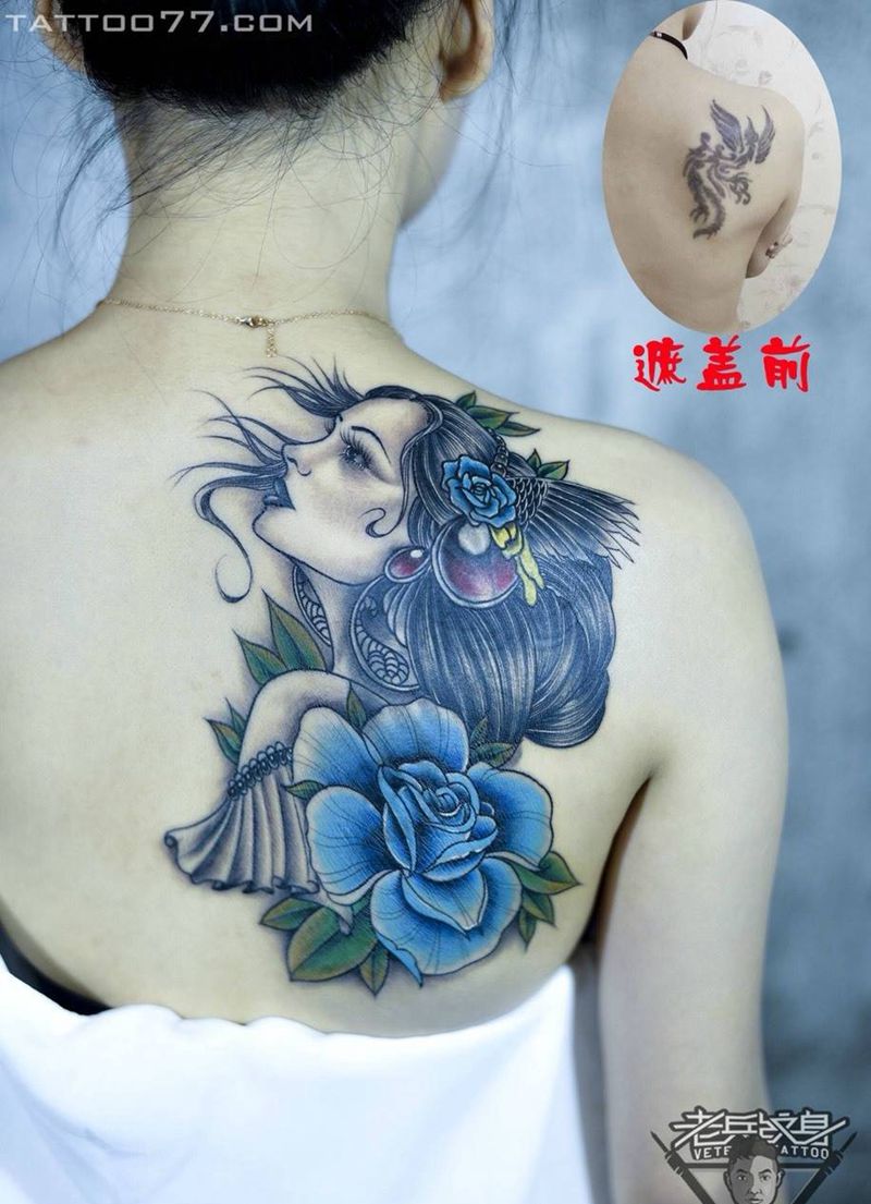后背美女遮盖作品纹身图片_成品背部肖像人物纹身图案
